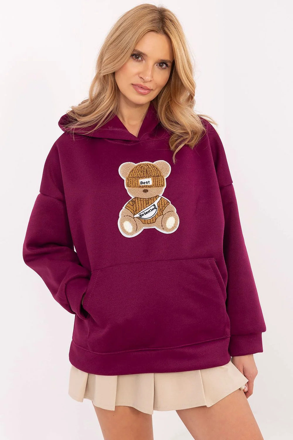 Sweatshirt Femme Casual Playful Design Écru Patch Ours Embroidery Oversized Drop Shoulder Longue Manches Côtelé
