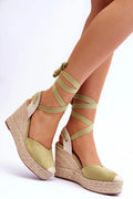 Sandales compensées à tressage jute, tige toile verte clair, lacets, talon 10.5 cm, cuir écolo, espadrilles estivales femmes