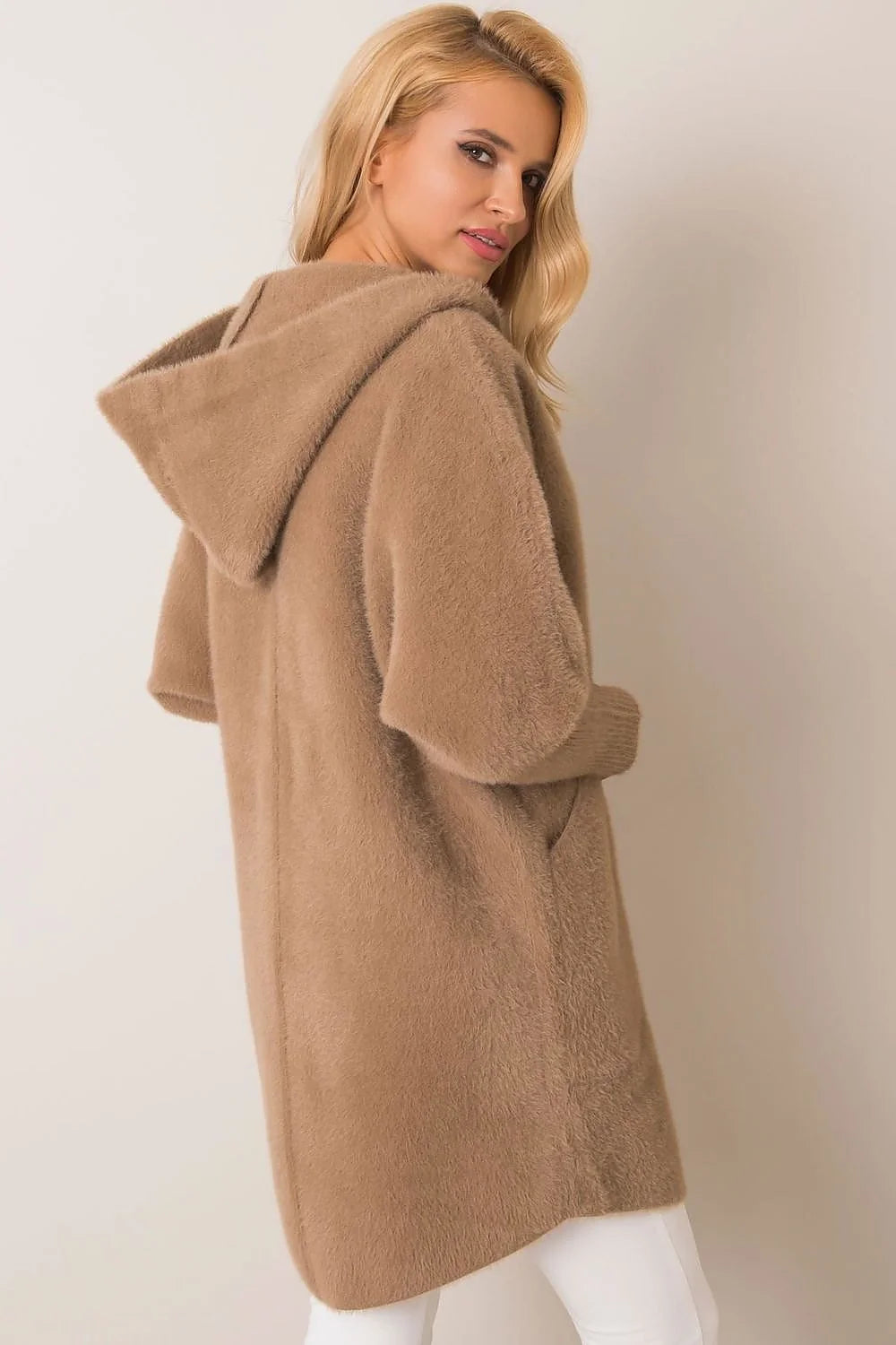 Manteau pour femme long style casual capuche poches coulissantes laine angora polyester viscose universelle