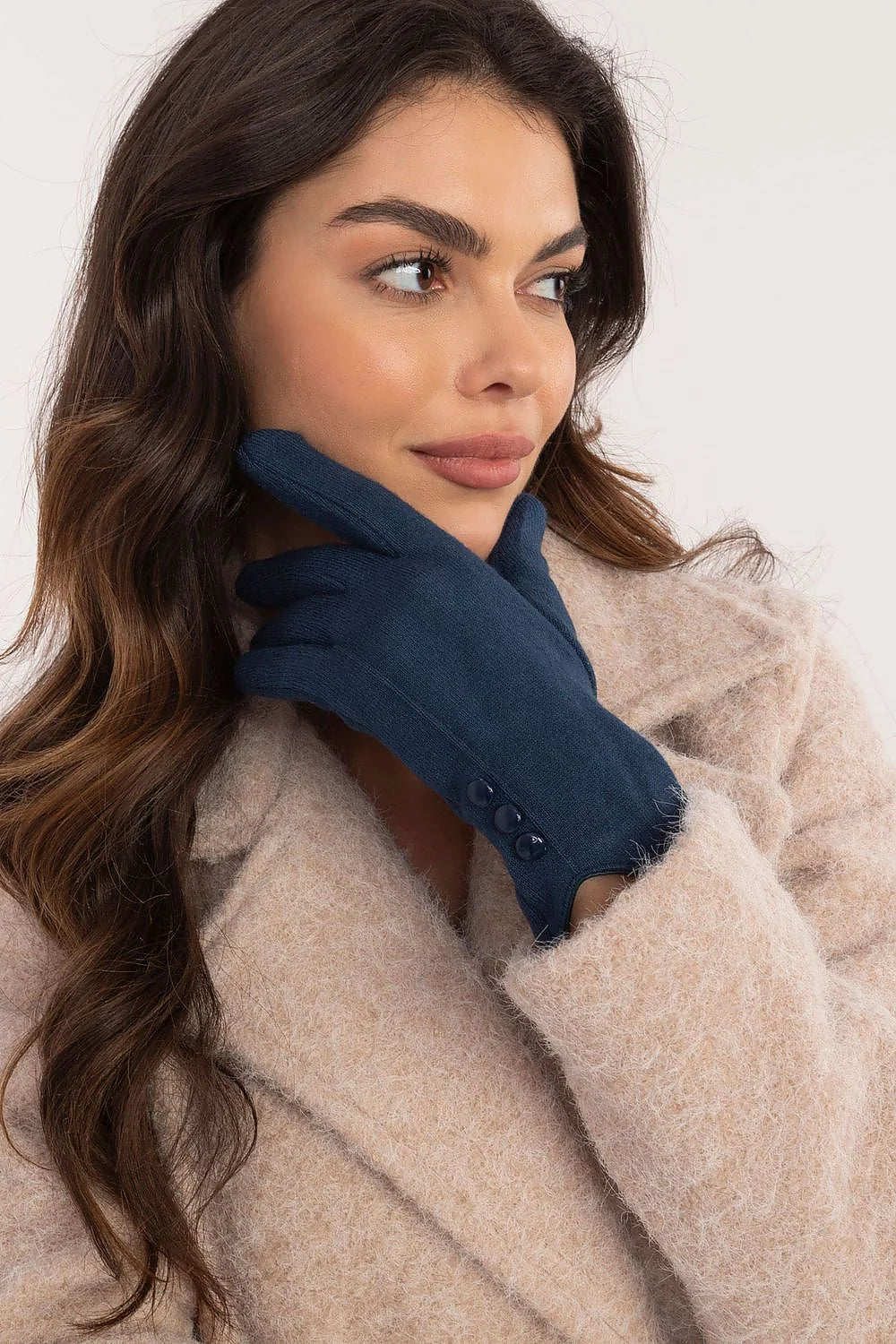 Gants élégants pour femmes en matériau lisse et isolant bleu profond boutons décoratifs fleur brodée index téléphone sans enlever gants coton élasthanne polyester