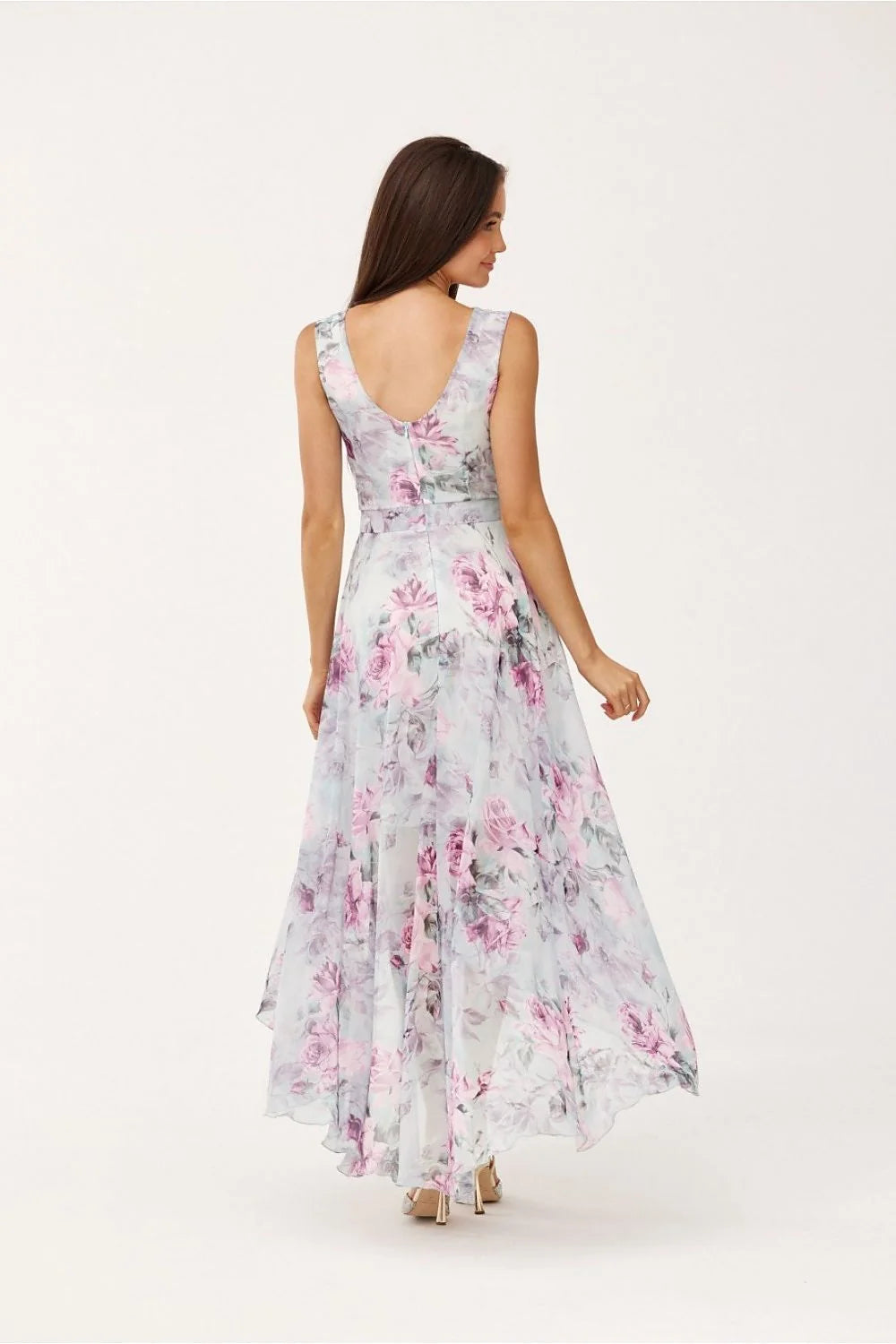Robe de cocktail élégante longue mousseline soie floral rose lilas sans manches décolleté V croisé taille ajustable femmes