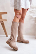 Bottes hautes cuissardes en cuir beige naturel zip latéral bride métallique style classique automne-hiver femme confortable occasion spéciale