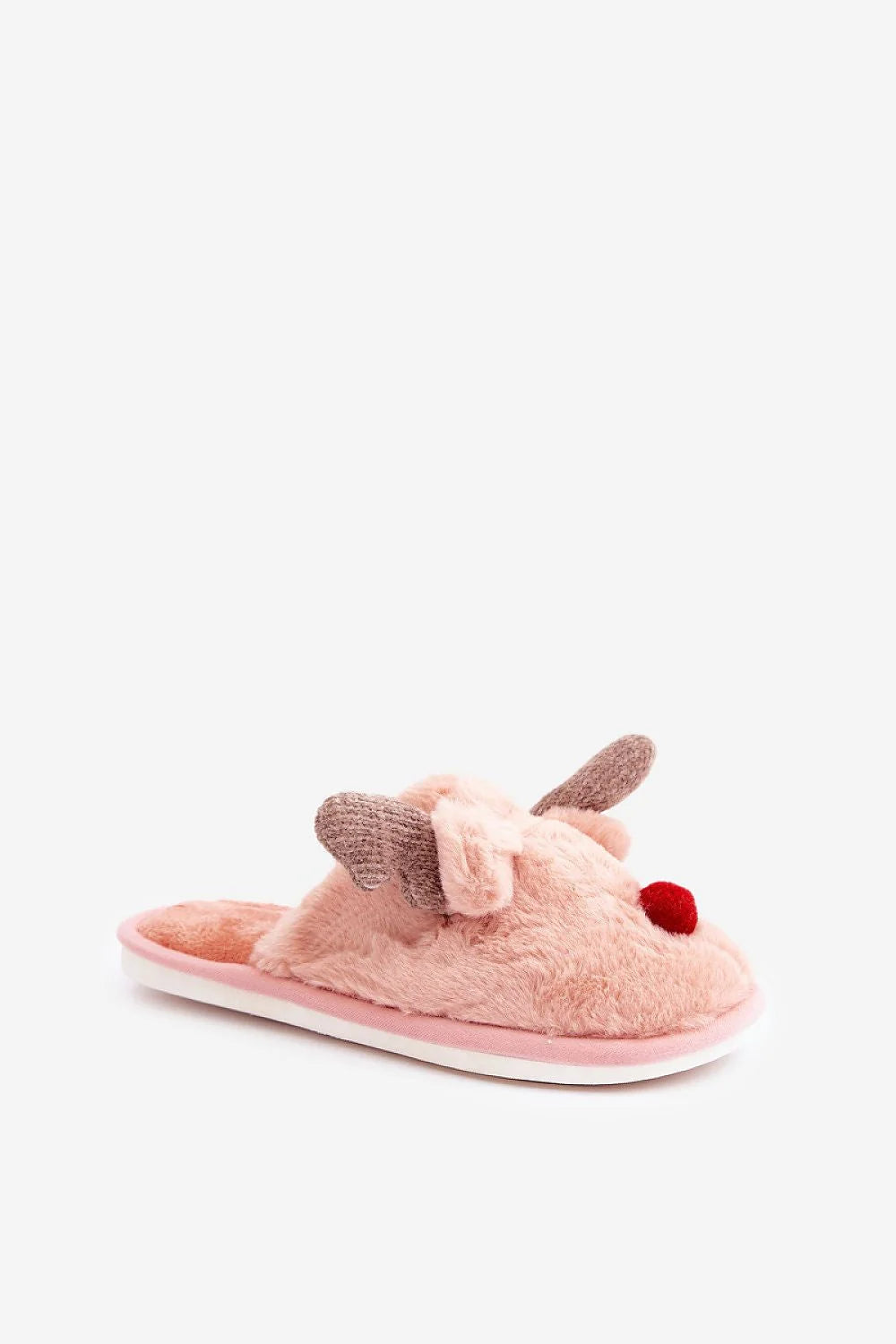 Pantoufles douces en peluche rose clair pour femme, design animal motif renne, confort hiver fêtes, semelle fourrure 1.5 cm