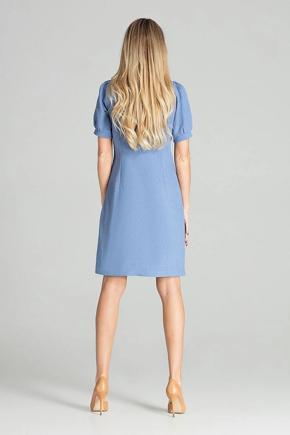 Robe élégante polyester bleu coupe droite genou manches courtes puffed femme style moderne sophistiqué
