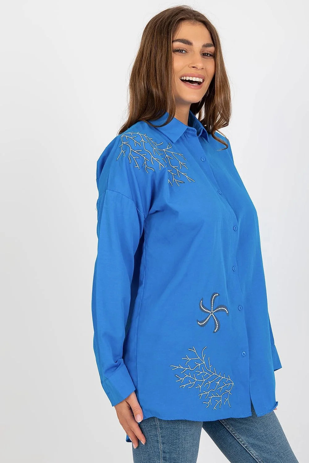 chemise femme manches longues ample bleu profond broderies branches perles strass col classique boutonnée fluide décontractée