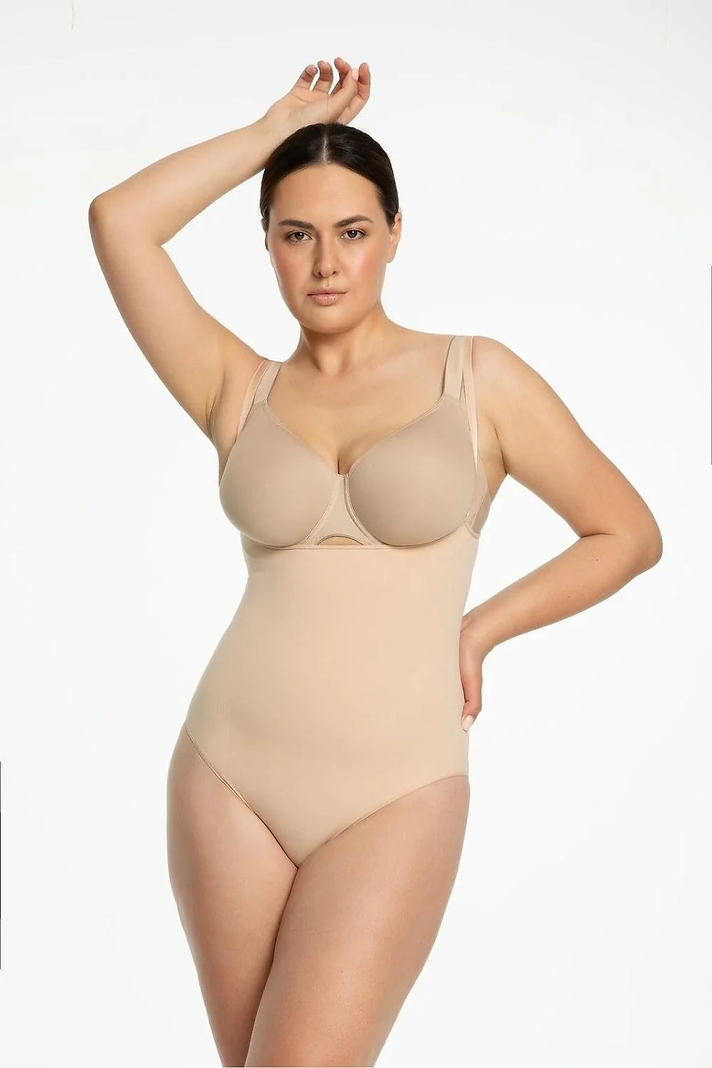 body gainant sculptant beige microfibre extensible lisse bonnets moulés armatures maintien buste ouvert bretelles réglables taille haute coupe échancrée