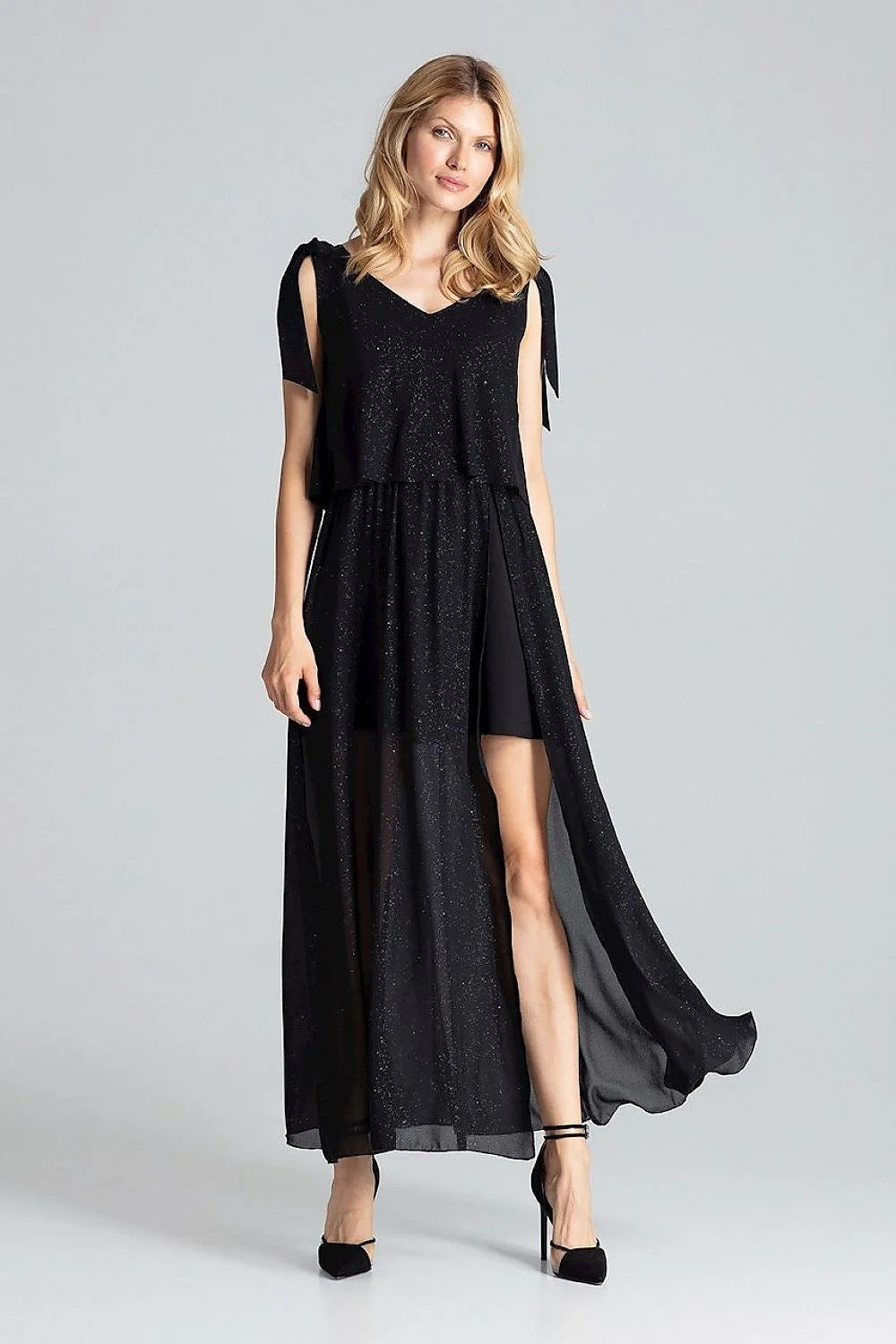 robe soirée longue rouge vif élégante cocktail polyester stretch col V profond sans manches taille élastiquée fente latérale