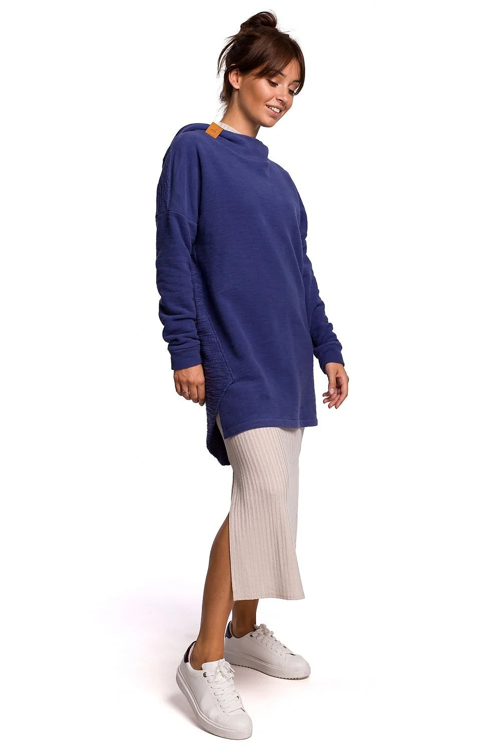 Sweatshirt pour femme en coton bleu marine oversize longue manches longues col montant capuche