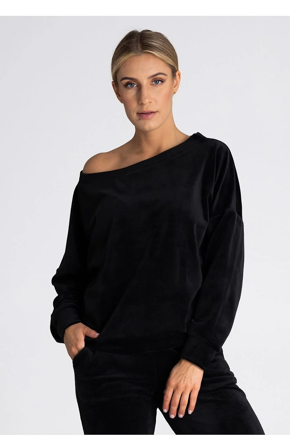 sweatshirt velours noir oversize femme Figl asymétrique encolure bateau manches longues bouffantes poignets côtelés doux extensible polyester elasthanne