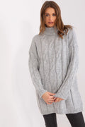 Pull long pour femme tricoté qualité élevé motif torsadé col roulé gris clair coupe ample hiver automne