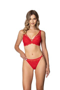 soutien gorge pushup rouge dentelle florale tulle transparent bonnet emboitant coque fine armatures maintien structuré décolleté V string échancré sexy