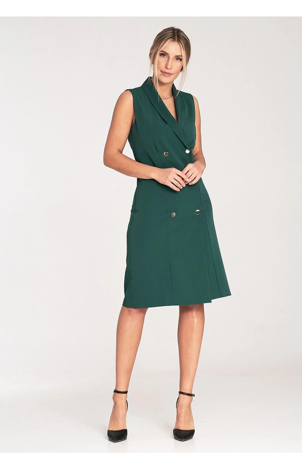 Robe élégante sans manches style veston croisé couleur verte foncée matières de haute qualité femme coupe droite ajustée
