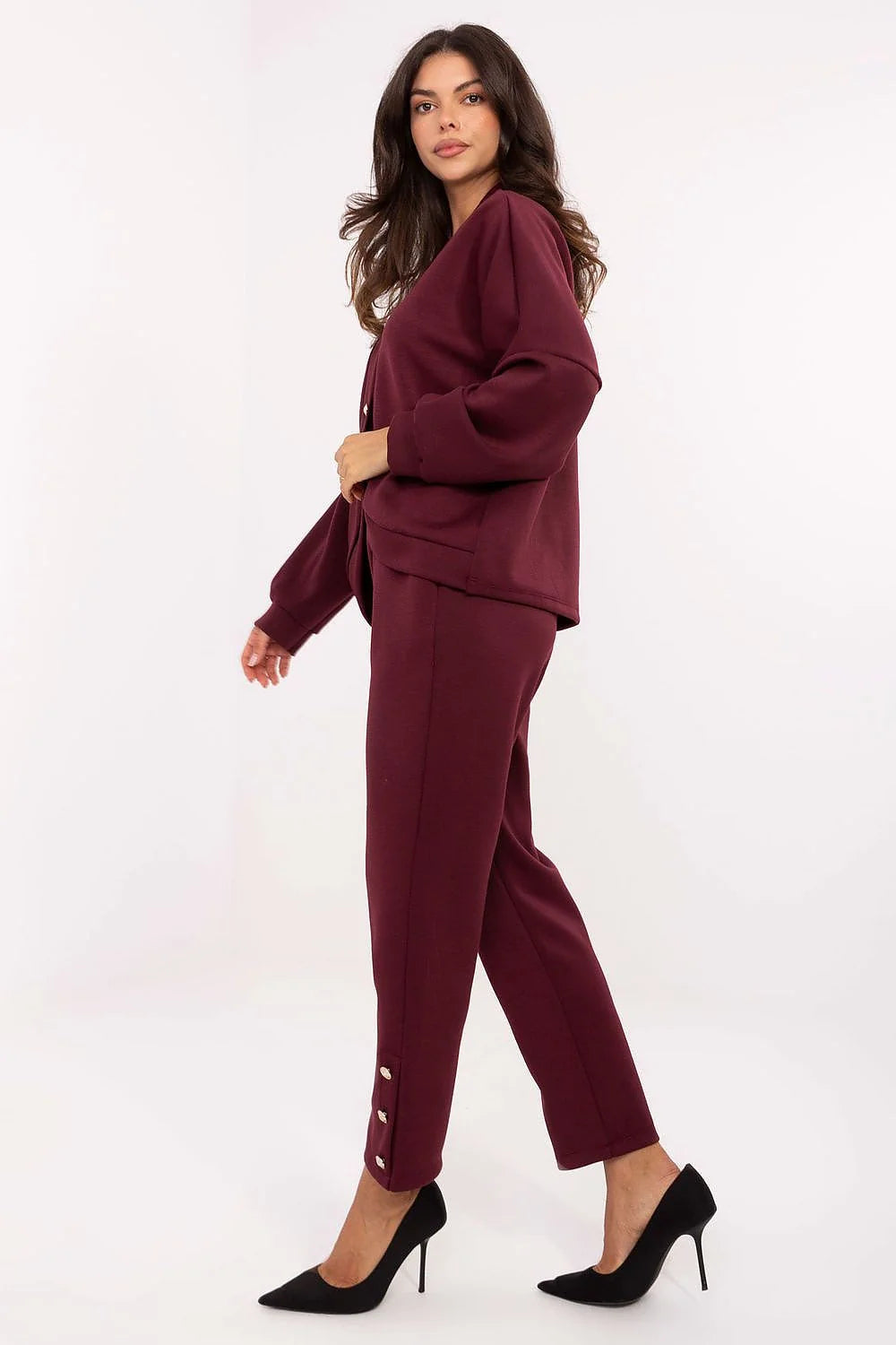 ensemble femme bordeaux casual chic coordonné maille viscose élasthanne oversize veste col tailleur bouton unique pantalon droit taille haute poches