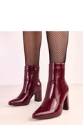 bottines cheville cuir écologique verni bordeaux bout pointu talon 8cm bloc carré stabilité confort doublure chaude semelle tissu fermeture éclair