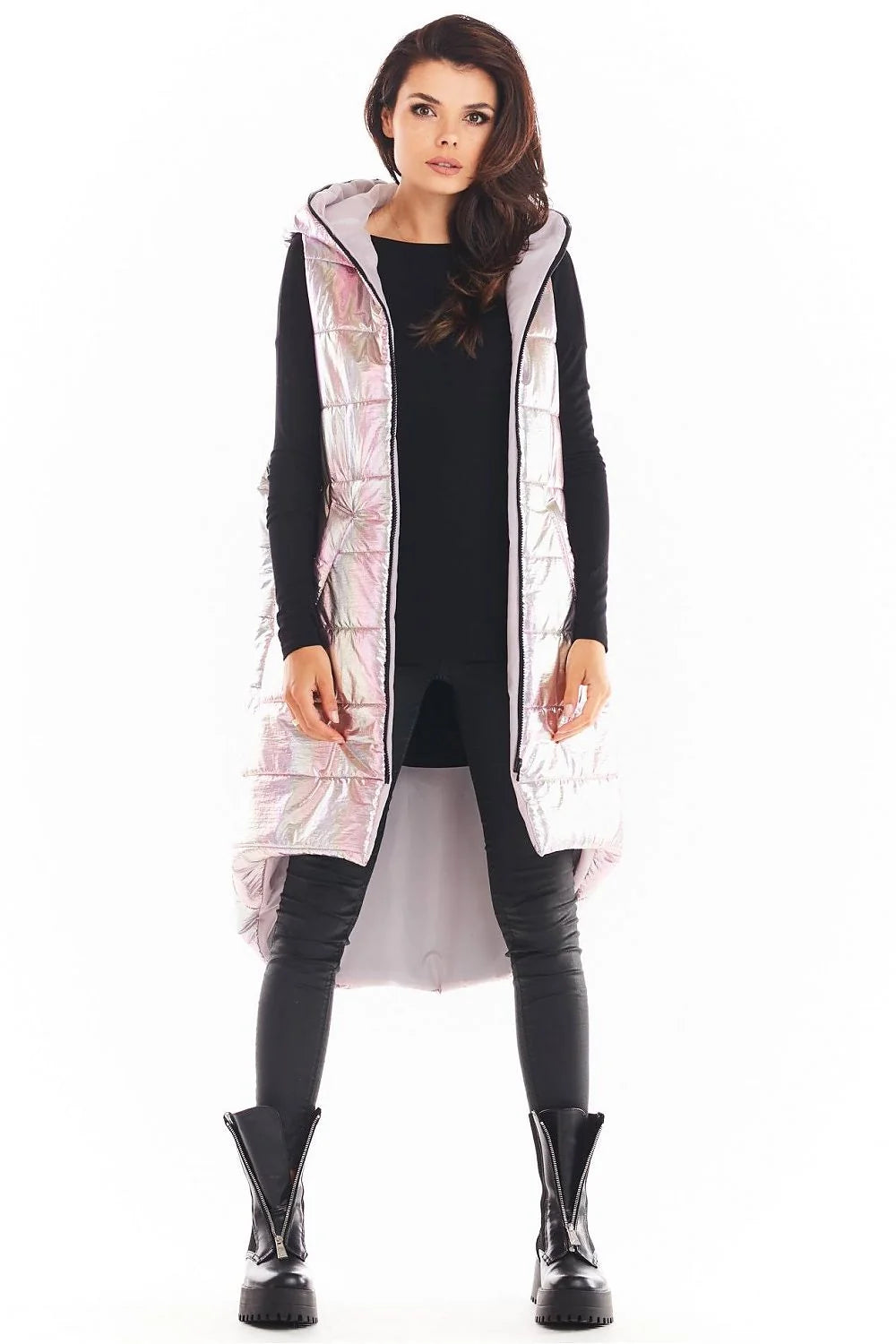Gilet sans manches irisé synthétique moderne avec capuche pour femmes urbaines tendances en bleu menthe