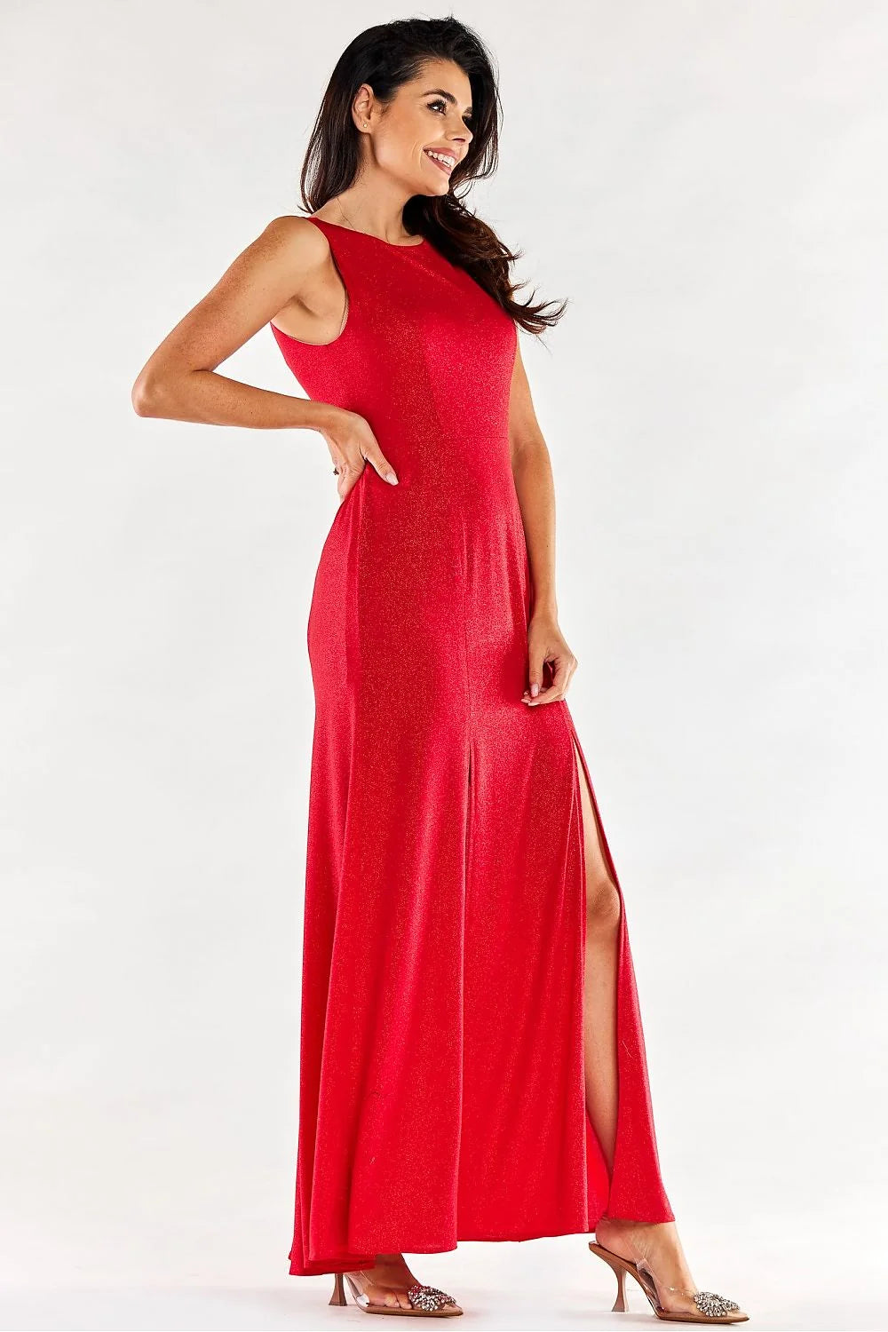 Robe longue élégante sans manches fentes avant couleur rouge vif matière élasthanne polyester femme