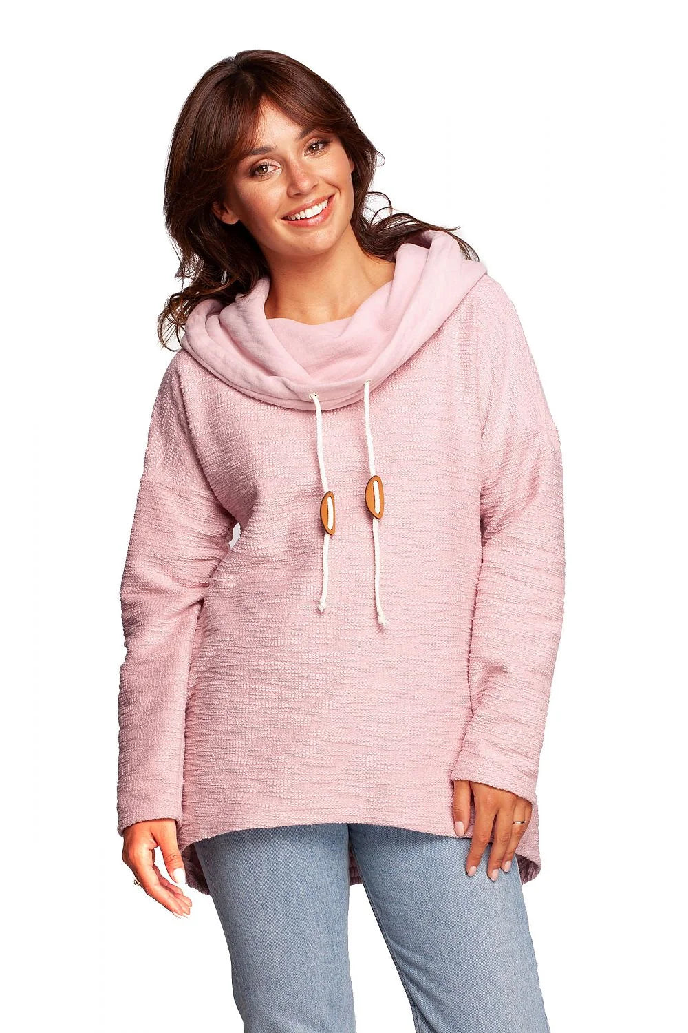 sweatshirt oversize femme crème coton doux confortable coupe ample tunique asymétrique col cheminée cordons pastilles marron poches latérales manches longues