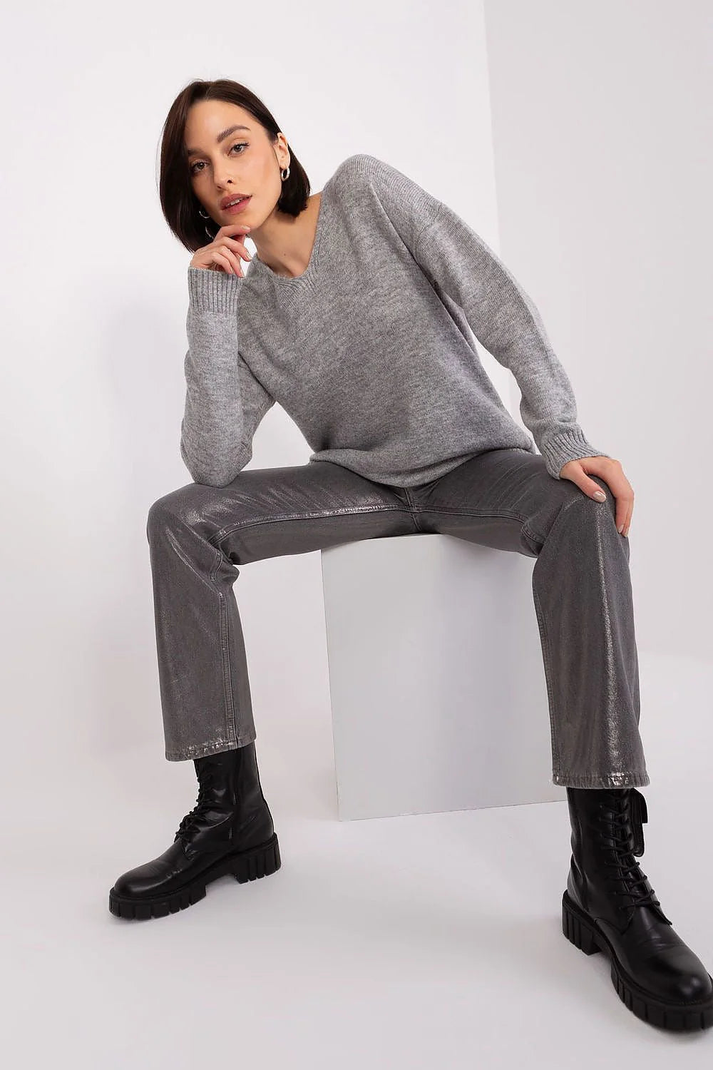 Pull et pantalon Rue Paris classique moderne acrylique tricot col V manches longues Coupe ample style casual