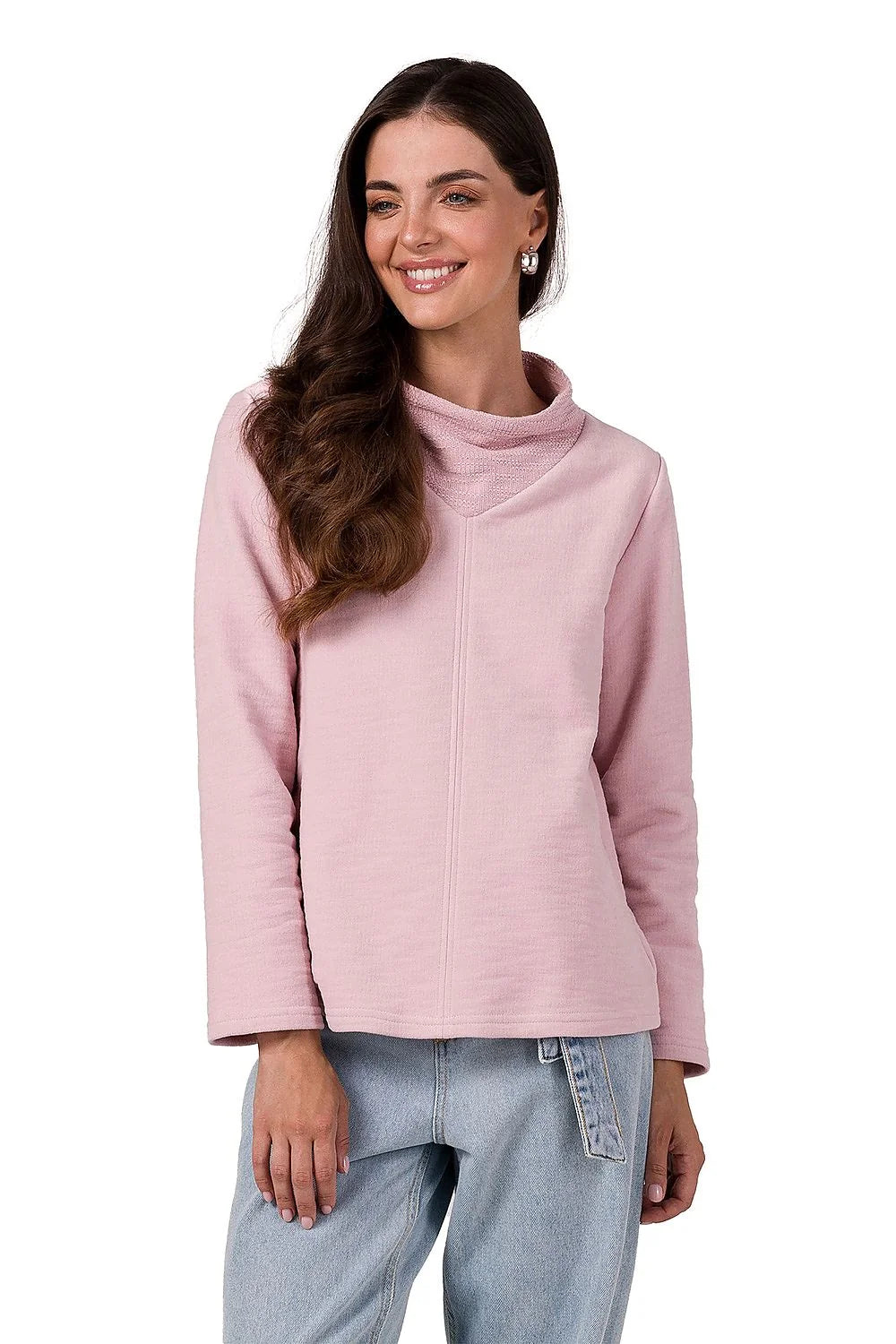 Sweatshirt Be Wear femme col drapé coupe droite teinte rose poudré matière douce confort tout jour