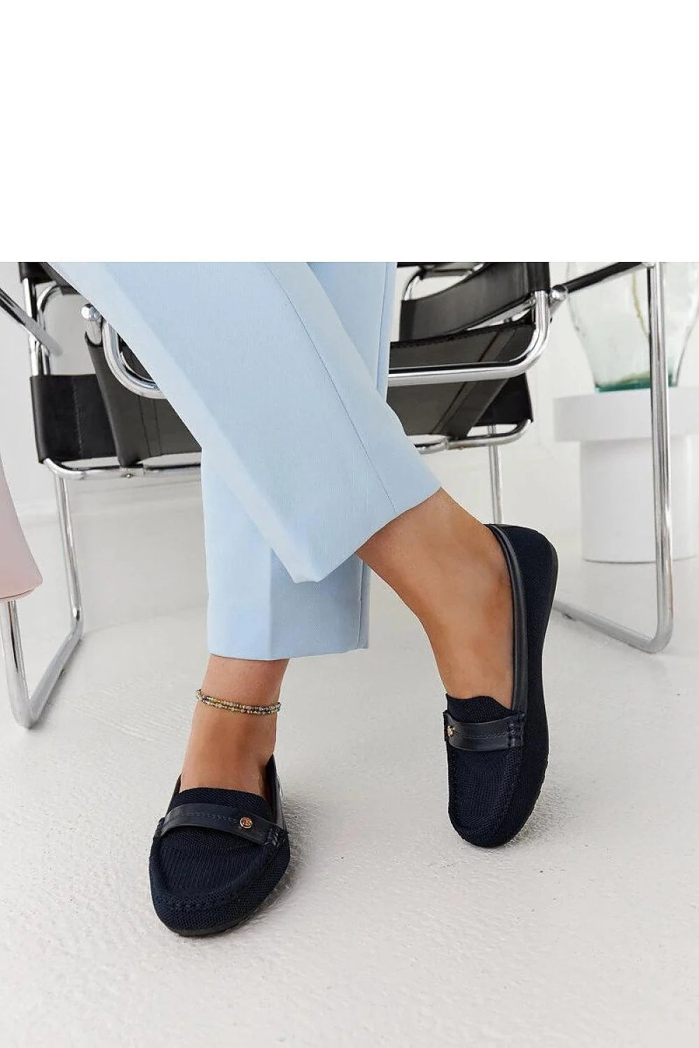 moccasins femme bleu marine maille textile liseré cuir synthétique penny bout arrondi coutures apparentes semelle caoutchouc antidérapante confortable