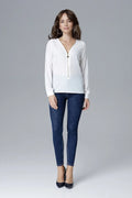 chemisier blanc chiffon fluide léger transparent manches longues col V zippé doré poignets boutonnés coupe droite hanches élégant