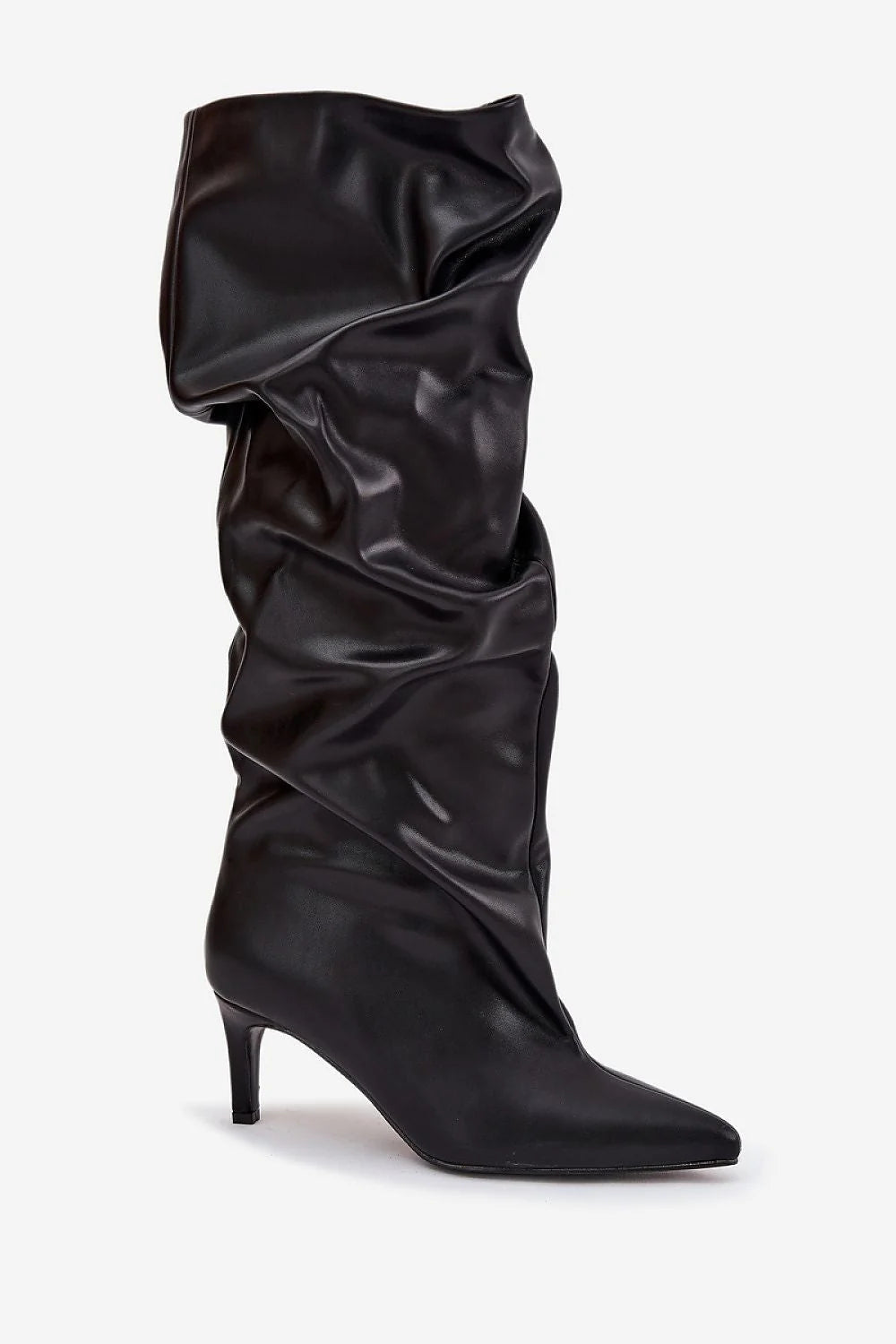 bottes hautes femme simili cuir noir tige froncée effet slouch bout pointu talon effilé moyen finition brillante coupe ajustée cheville
