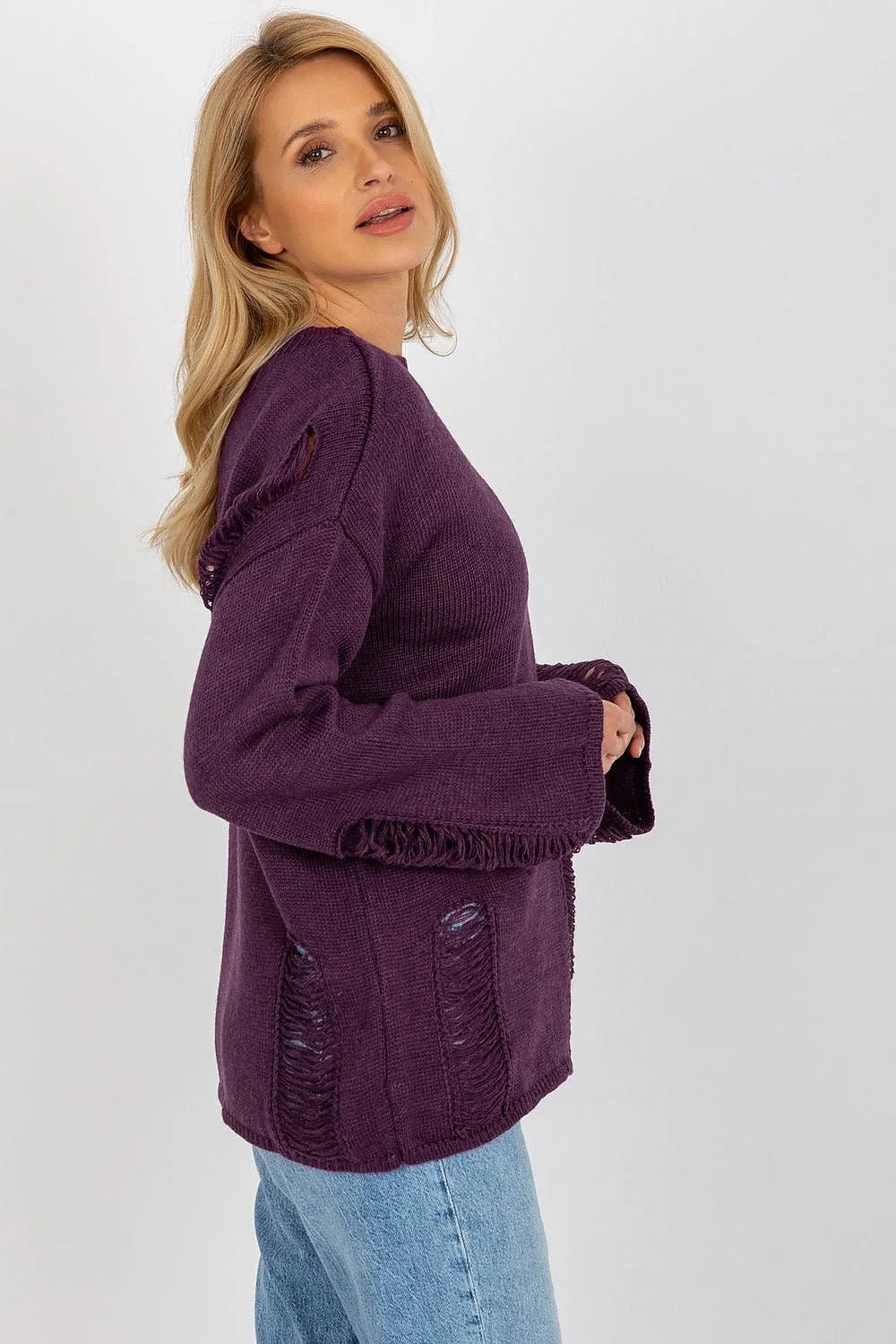 Pull à capuche pour femme, style moderne, couleur violet profond, matériau doux, coupe ample, manches longues, détails déchirés, confortable et tendance