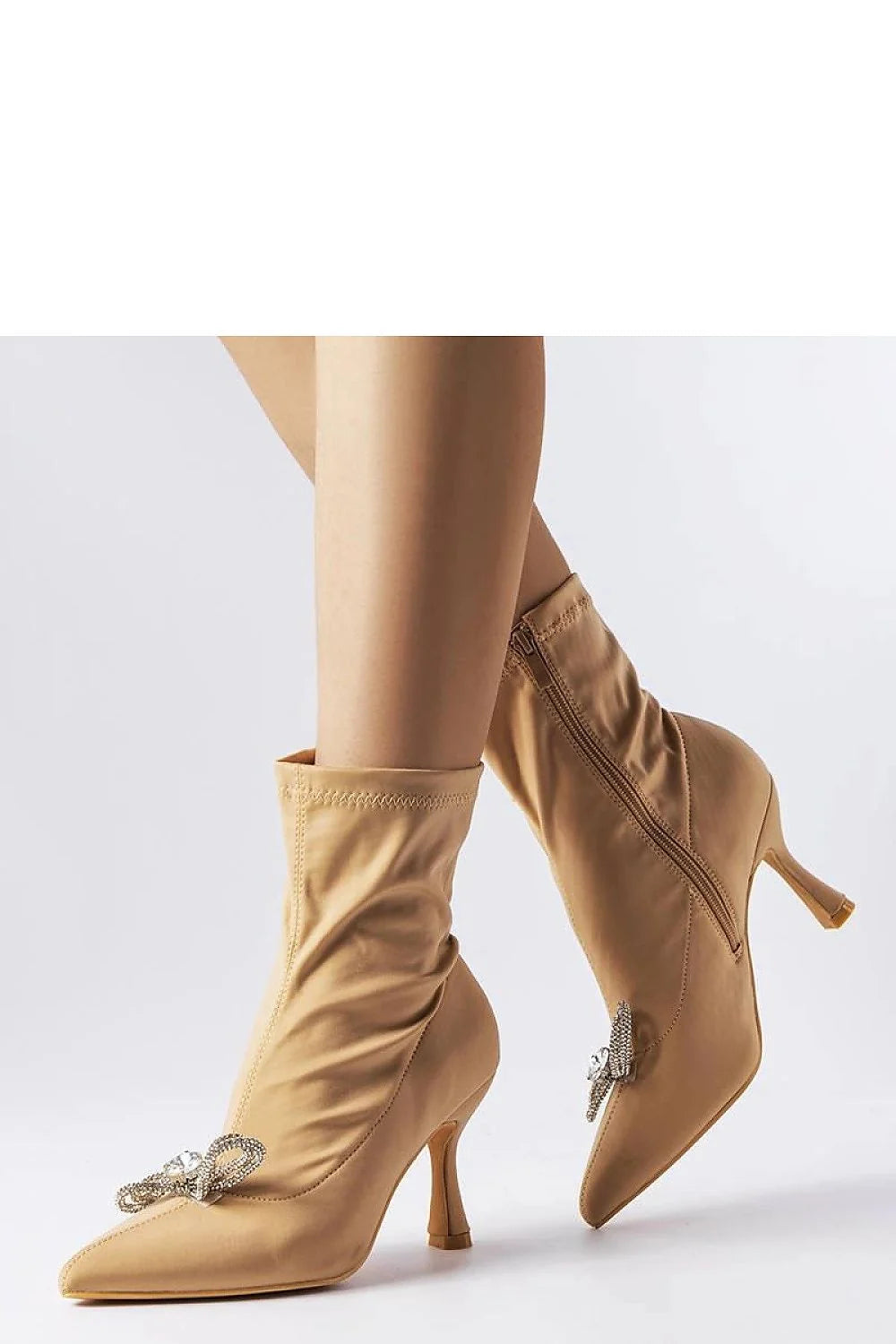 Bottines élégantes à talons beiges collection Mars fermeture éclair nœud strass tissu satiné mode automne-hiver femme