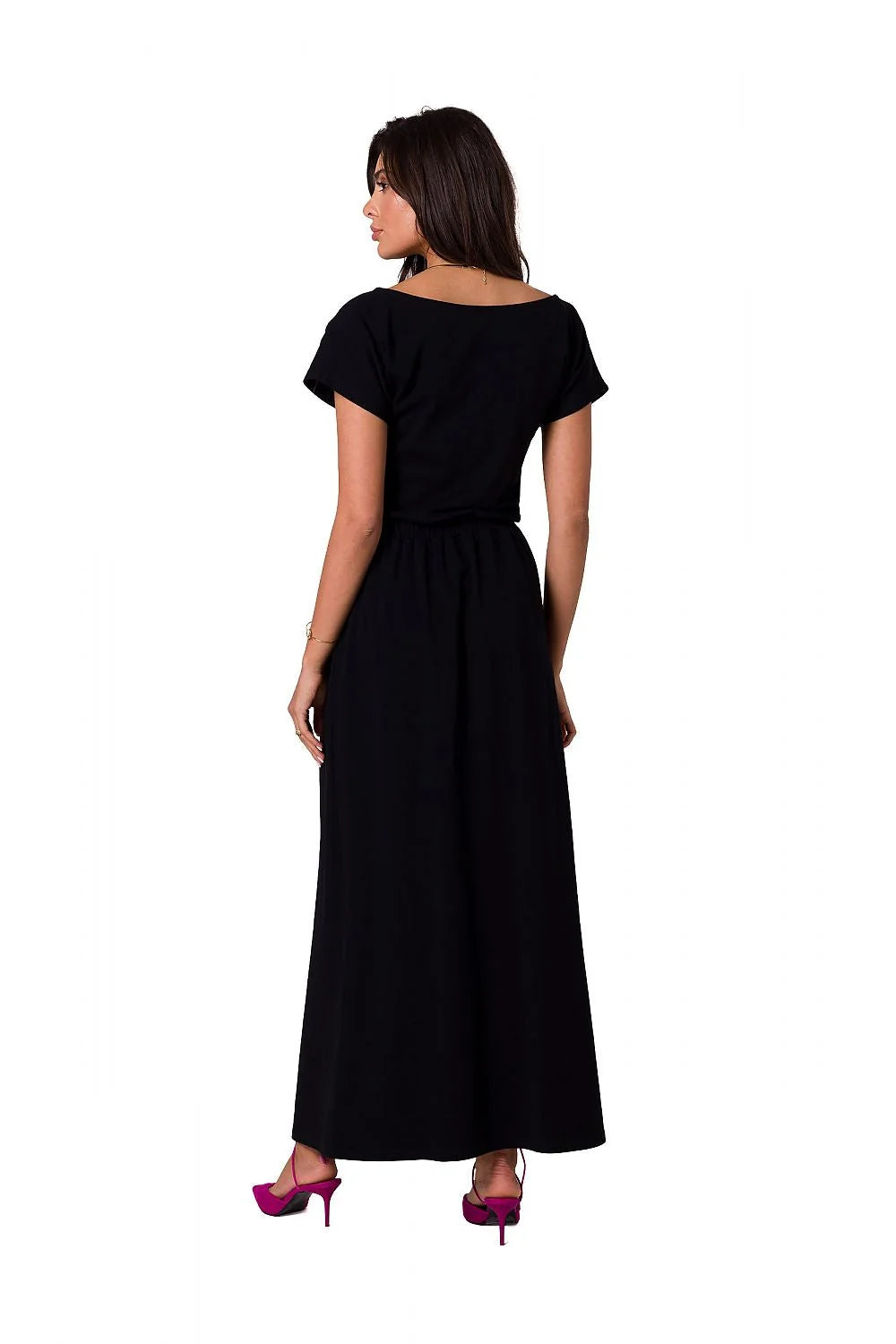 robe longue maxi coton élégante manches courtes encolure bateau vert émeraude taille élastiquée cintrée fluide douce extensible tombé lisse cheville