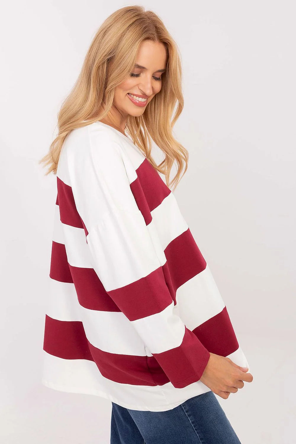 sweatshirt femme oversize tunique manches longues épaules tombantes encolure ronde rayures horizontales blanc bordeaux maille souple jersey coton élasthanne