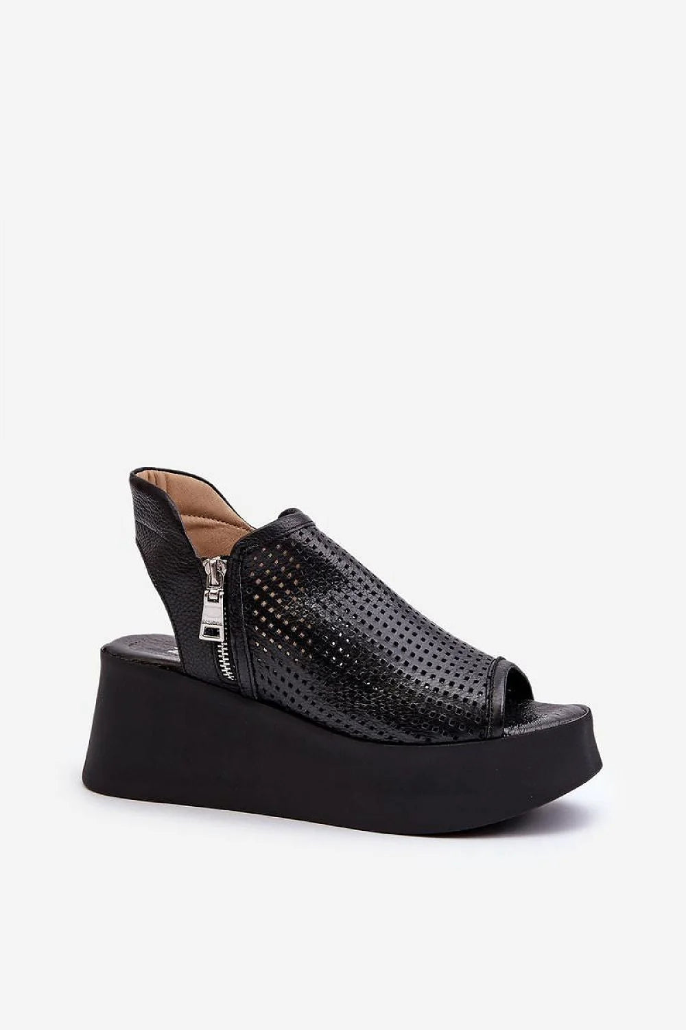 Sandales à semelles compensées pour femmes cuir naturel zip motif ajouré talon compensé noir style estival