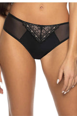 culotte féminine élégante dentelle noire tulle transparente microfibre stretch latéraux triangle géométrique festonnée noeud décoratif taille basse échancrée confortable