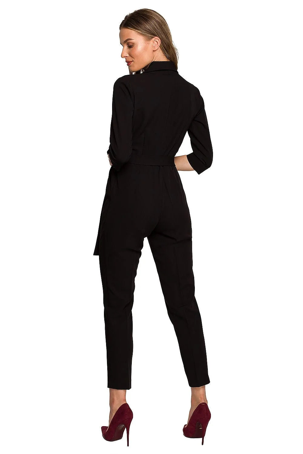 combinaison femme chic élégante vert forêt manches trois quart ceinture nouée col châle slim tailleur boutons dorés