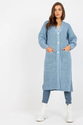 Cardigan Och Bella long pour femmes couleur bleu pastel en V manches longues boutons poches polyester laine automne hiver
