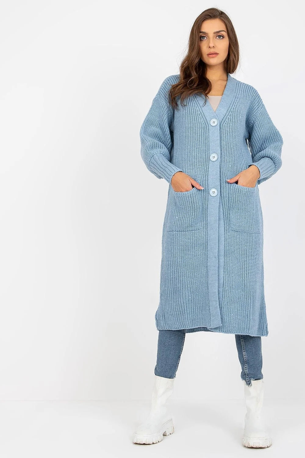 Cardigan Och Bella long pour femmes couleur bleu pastel en V manches longues boutons poches polyester laine automne hiver