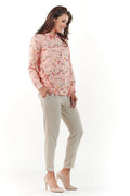 Ensemble blouse chemise manches longues tissu léger floral chic pantalon beige décontracté pour femmes élégantes