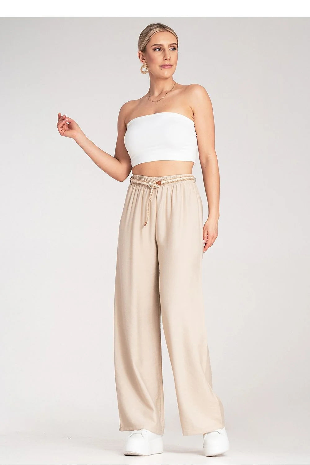 Pantalon femme viscose taille élastique bohème ceinture tressée couleur beige clair longueur pleine coupe large femme