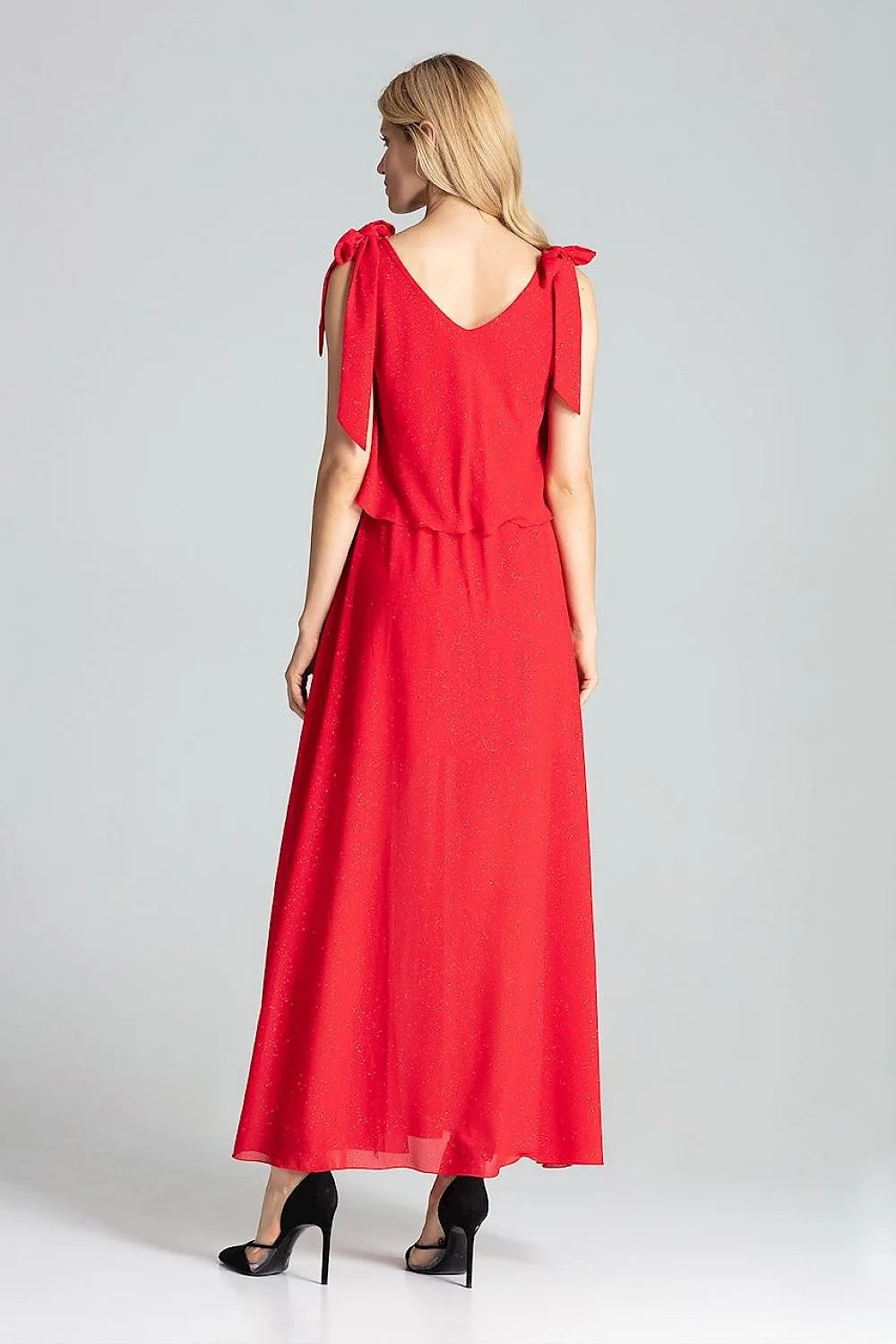 robe soirée longue rouge vif élégante cocktail polyester stretch col V profond sans manches taille élastiquée fente latérale