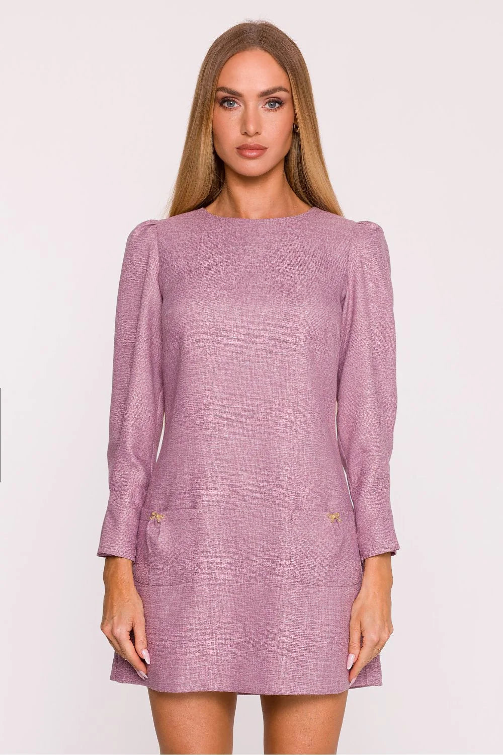 robe tweed chiné rose poudré mini trapèze encolure bateau manches longues froncées épaules bouffantes poches plaquées nœuds bijoux dorés
