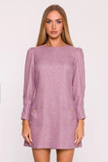 robe tweed chiné rose poudré mini trapèze encolure bateau manches longues froncées épaules bouffantes poches plaquées nœuds bijoux dorés