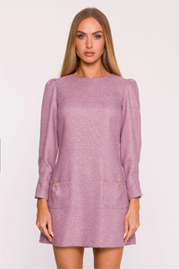 robe tweed chiné rose poudré mini trapèze encolure bateau manches longues froncées épaules bouffantes poches plaquées nœuds bijoux dorés