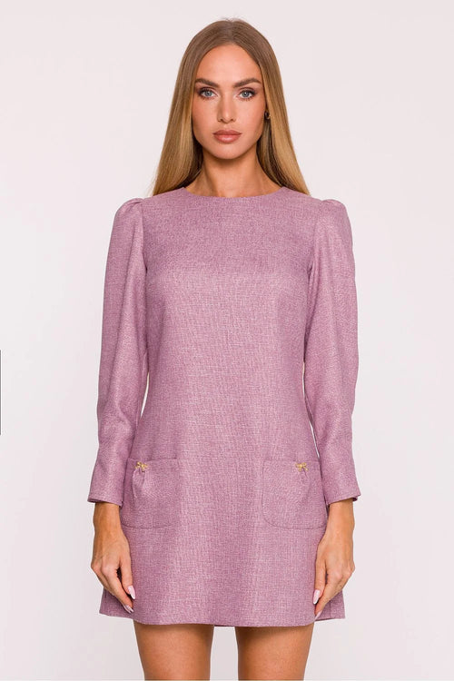 robe tweed chiné rose poudré mini trapèze encolure bateau manches longues froncées épaules bouffantes poches plaquées nœuds bijoux dorés