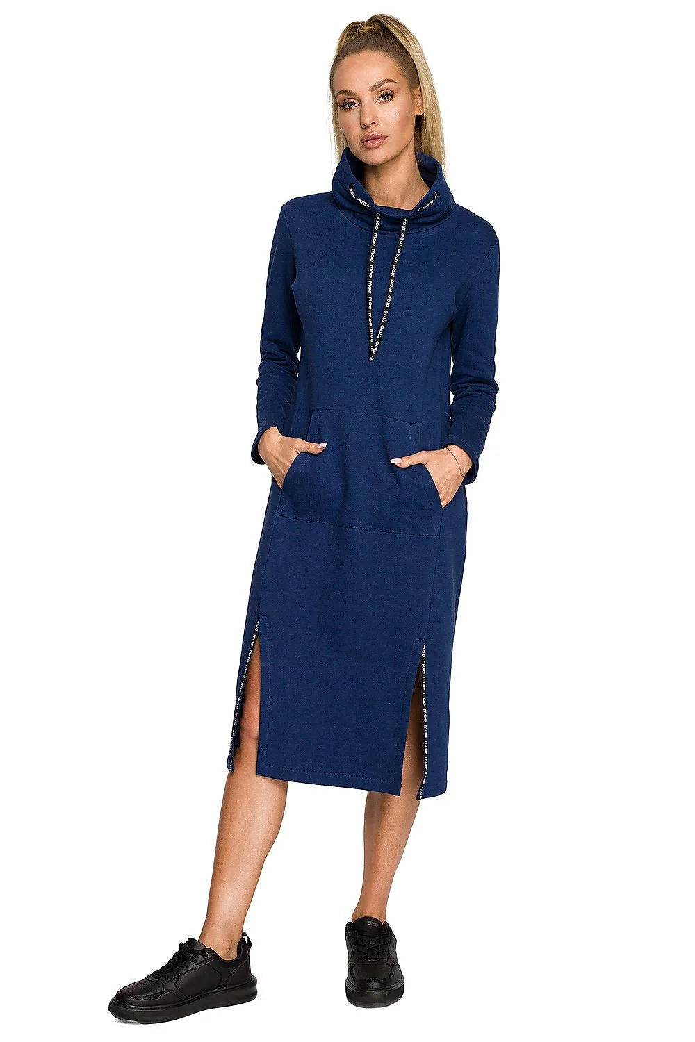 Robe de jour Moe style casual couleur rose pastel manches longues col rouleau poche kangourou femme