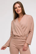 ensemble féminin portefeuille manches longues décolleté profond coton élasthanne beige sable taille haute élastiquée pantalon coupe slim pinces soignées
