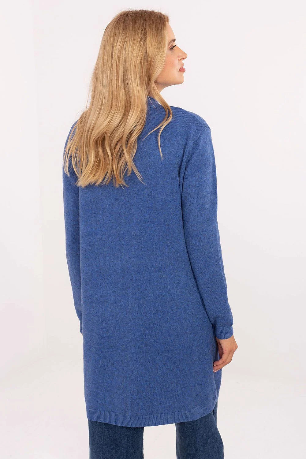 cardigan femme gilet long maille douce bleu roi coupe droite ouverte manches longues poches plaquées finitions côtelées polyvalent