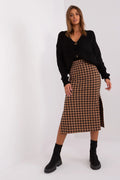 jupe midi crayon ajustee taillehaute pieddepoule jacquard maille coton elasthanne fente laterale noir camel retrochic elegante