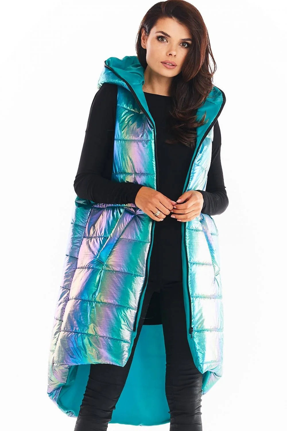 Gilet sans manches irisé synthétique moderne avec capuche pour femmes urbaines tendances en bleu menthe