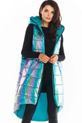 Gilet sans manches irisé synthétique moderne avec capuche pour femmes urbaines tendances en bleu menthe