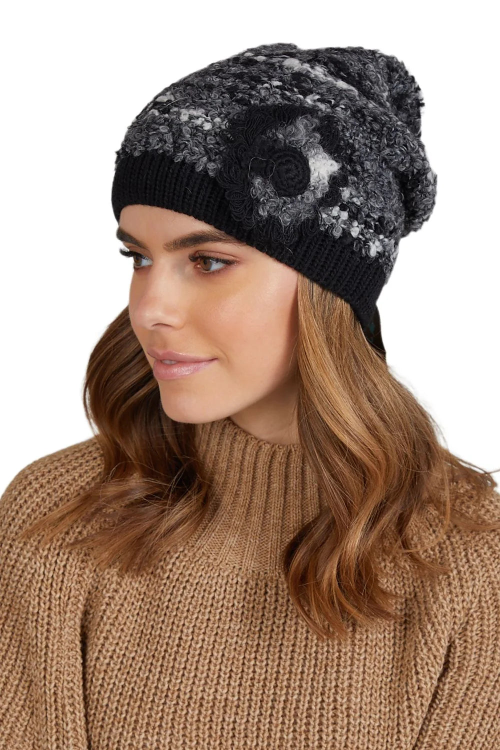 Bonnet d'hiver pour femme en tricot texture bicolore élastique floral fleur marbré gris noir blanc