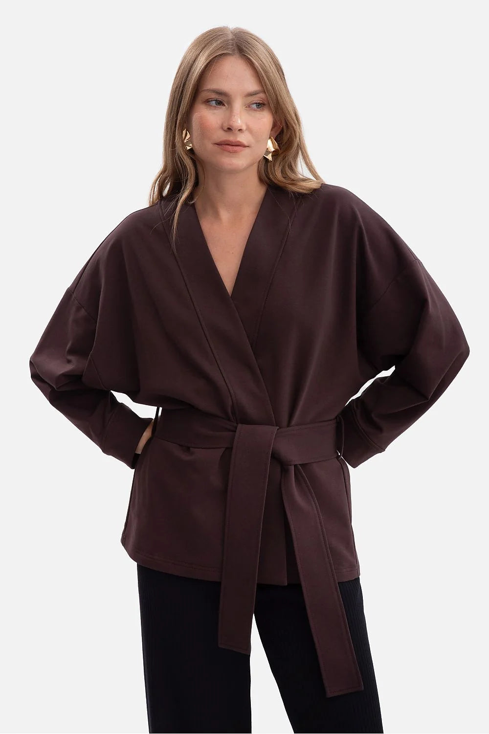 veste kimono femme marron chocolat oversize jersey molleton épais intérieur bouclette confortable doux ceinture amovible manches longues minimaliste polonais